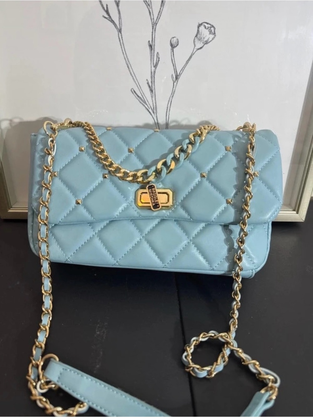 Badgley Mischka Quilted Light Blue Crossbody with Gold Chain